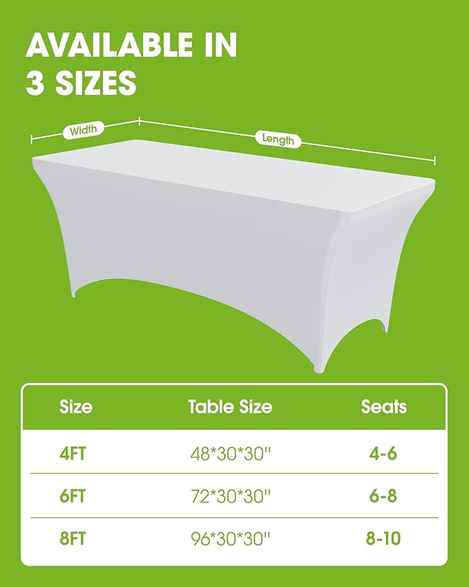 Pureegg Spandex Tablecloth 6ft - 10 Pack, Fitted and Tight Cloth for Rectangle Table, Wrinkle-Free and Stretch Table Cover for Party, Wedding, Banquet and Birthday, White