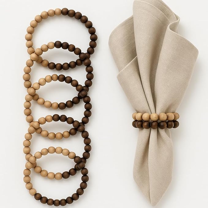 Napkin Rings Set of 6 - Modern Napkin Holder Rings with Wooden Beads | Dinner Napkin Ring for Holiday & Christmas, Birthday Party, & Wedding Decor - Farmhouse Napkin Rings Bulk (Specia)