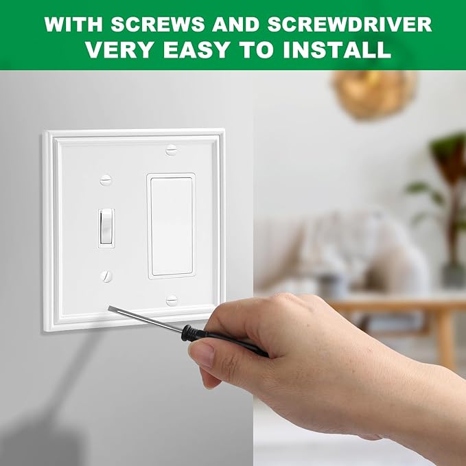 White Modern Decorative Wall Plate Light Switch Cover Decorator Outlet Covers Rocker Switch Plates Bamboo Fiber Material Wall Plates for Kitchen Bathroom (2 Gang Toggle/Decorator-2 Pack)