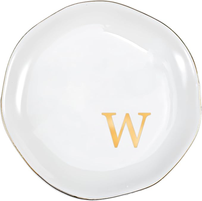 ProCase Ceramic Jewelry Tray, Initial Ring Dish Trinket Plate Engagement Gift, Small Personalized Monogram Ring Bowl for Wedding, White Decorative Jewelry Holder for Women Vanity -Letter W