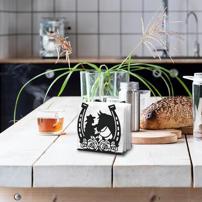 Cowgirl Horse Decorative Black Metal Napkin Holder for Table, 4.9" x 5.3" x 2" Flower Horseshoe Standing Napkin Holder for Home Kitchen Restaurant Picnic Party Coffee Bar Dining Room
