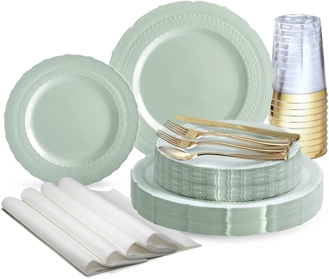 " OCCASIONS " 200pcs set (25 Guests)-Extra Heavyweight Vintage Wedding Disposable/Reusable Plastic Plates -25x 11'' + 25x 8.25''+Silverware+Cups+Napkins (Chateau in Mint)