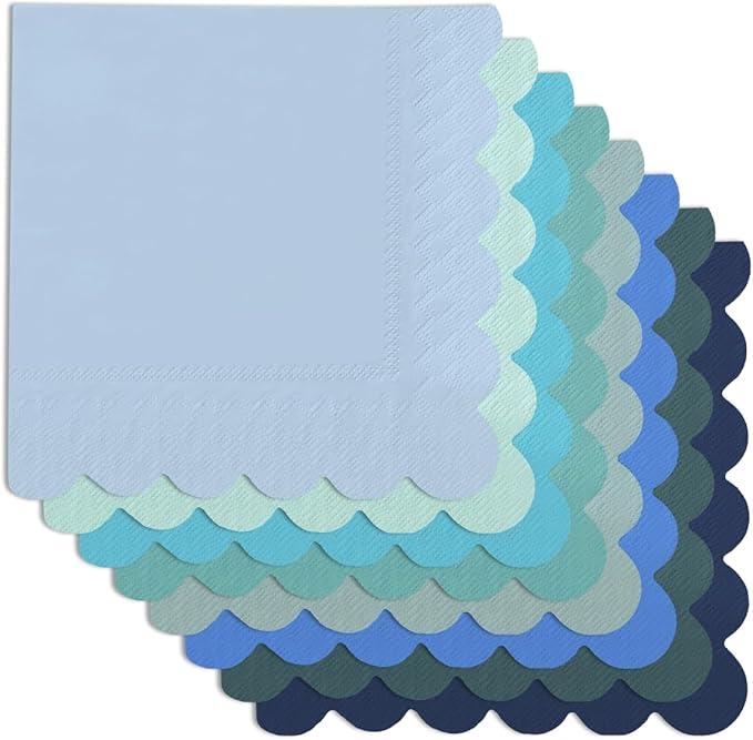 qiqee Blue Series Cocktail Dinner Napkins 5x5inch Disposable Beverage,Wedding, Birthday Party Dessert Wave Paper Napkins(120 Count)