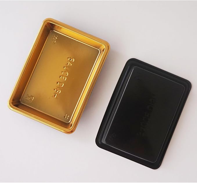 Disposable Small Sushi Tray, Plastic Mini Dipping Bowls, Tiny Serving Rectangle Plates, Soy Sauce Dishes, Seasoning Platter for Parties, BBQ, Home, Restaurant - 100PCS, Gold