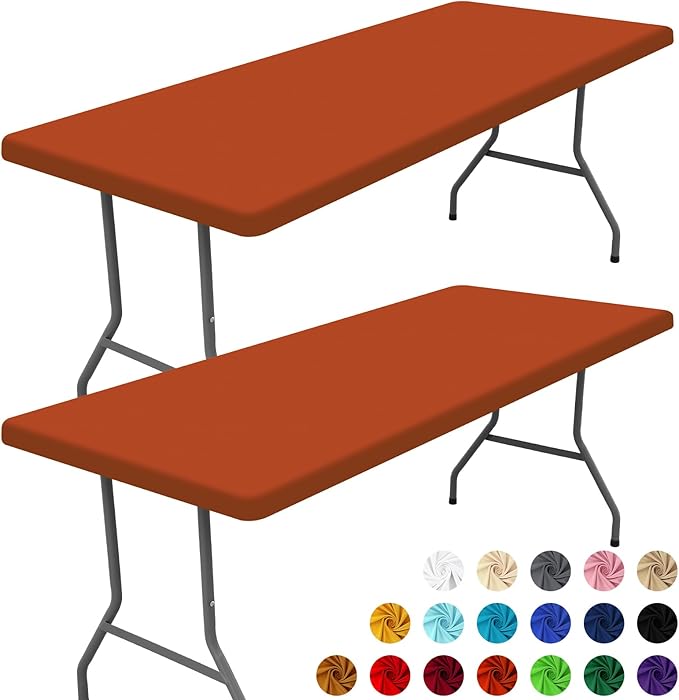 Spandex 8 Foot Rectangle Thanksgiving Table Cloth 2 Pack, Elastic Fitted Tablecloths for Picnic, Stretch Washable Patio Table Cover for Outdoor, Camping, Banquet and Parties (Rust, 30"x96")