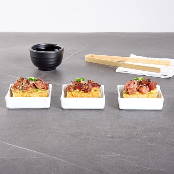 Restaurantware 2.5 Inch Mini Dishes 10 Oven-Safe Square Sauce Dishes - Microwave-Safe Serve Appetizers Desserts or Condiments White Porcelain Tasting Plates For Samples or Individual Portions
