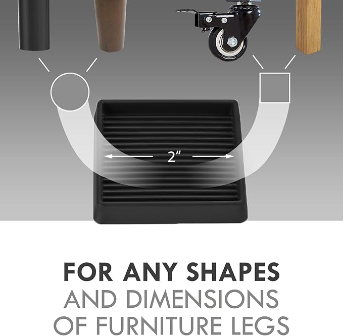 2X2 Rubber Caster Cups, Non Slip Furniture Pads, Anti-Slip Gripper, Anti Skid Furniture Feet, Anti Slide Floor Protector for Bed Couch Table Chair Stoppers - 12 Pack, Black