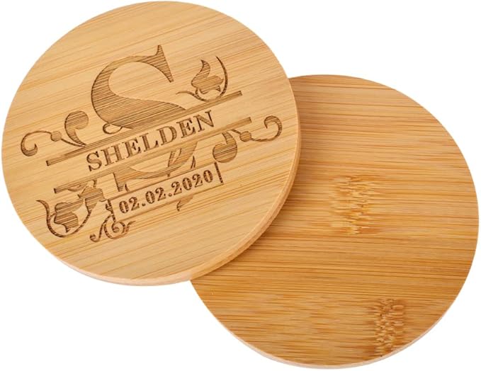 Personalized Bamboo Coasters, Custom Engraved Monogram Coasters with Holder, Great Gifts for Relatives, Friends or Yourself (Set of 4)