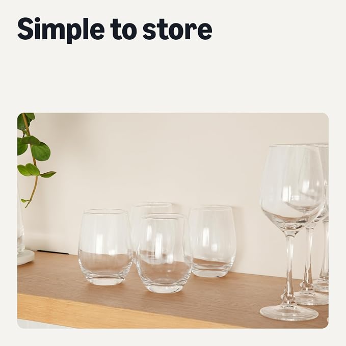 Amazon Basics Stemless White Wine Glasses, 4-Piece Set, 14 oz., Dishwasher-Safe