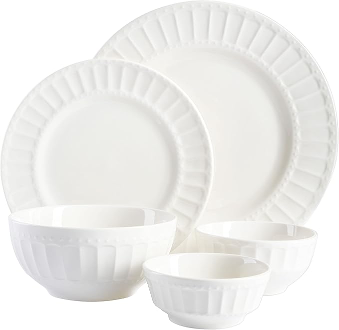Gibson Home Zen Buffet Porcelain Ceramic Dinnerware Sets for 8, Plates and Bowls Set (40pcs), White Embossed Dishes