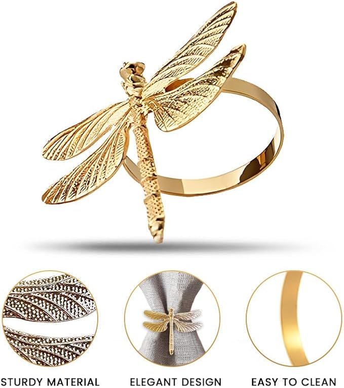 Decozen Set of 12 Gold Napkin Rings in Dragonfly Design Festive Table Decor Setting for Holiday Wedding, Birthday, Kitchen, Home Decor Housewarming Gift - Mothers Day Decorations