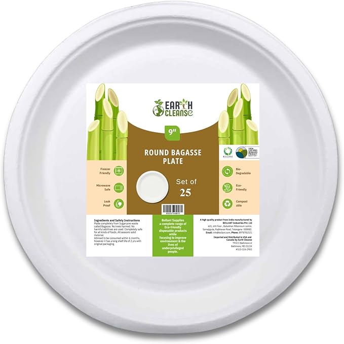 Bagasse 9-Inch Round Plates, Pack of 25