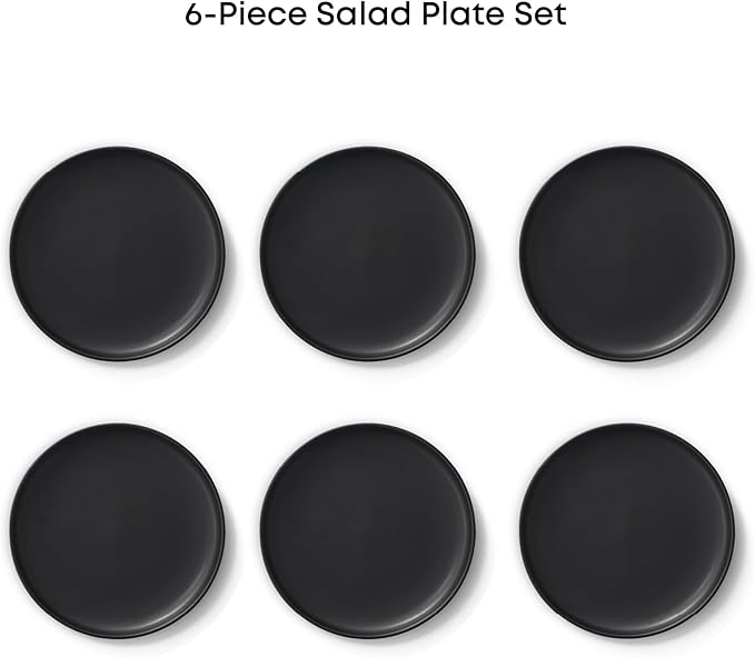JoyJolt Mesa Stoneware Salad Plates, 8" Round Lunch Plates, Dishwasher and Microwave Safe Plate Set of 6, Modern Rustic Dinnerware, Appetizer Dessert or Dinner Sides Kitchen Dishes - Matte Black