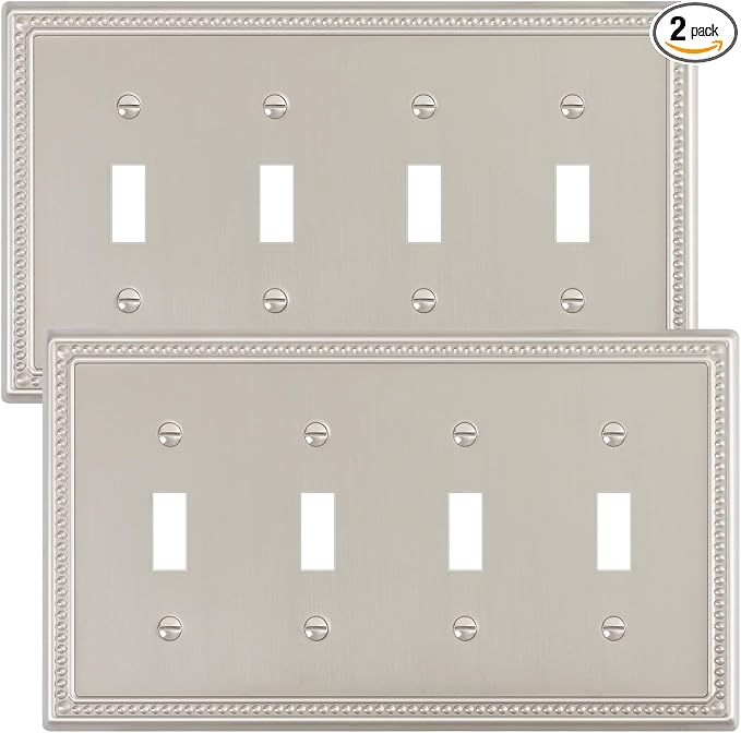 2-Pack Quad Toggle Light Switch Cover Plate, 4 Gang Metal Switch Plate Covers, Brushed Nickel Pearls Decorative Wall Plate, Corrosion Resistant