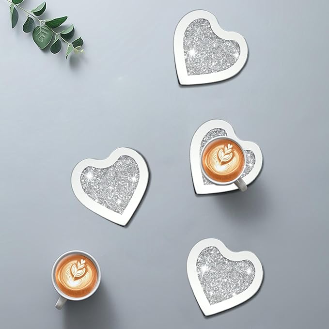 Glass Mirrored Coasters Set of 4, Heart Shaped Coasters with Crystal Diamond, Mirrored Silver Glass Cup Mats for Drinks, Advanced Top Decorations (4" x 4")