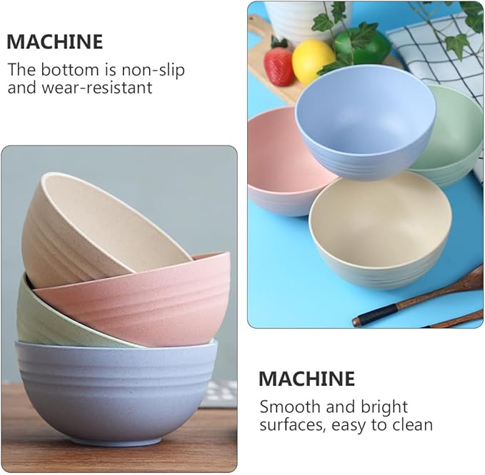 4 Pcs Large Capacity Wheat Straw Salad Mixing Bowls Food Serving Bowls for Fruit Noodles and Salads Lightweight Smooth Finish Heat-resistant and Easy to Clean Random Color