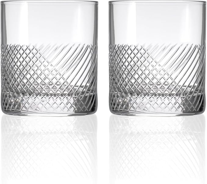 Rolf Glass Bourbon Street On the Rocks Glass | Set of 2 Etched 10oz Whiskey Glasses | Made in America | Lead-Free Glass | Diamond-Wheel Engraved and Polished | Modern Luxury Glassware