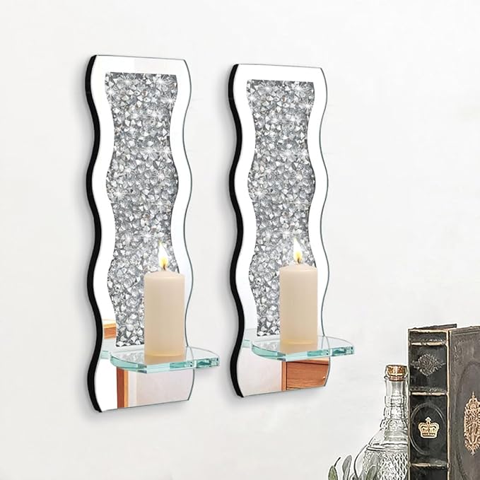 Pibeyer Mirrored Candle Sconces with Acrylic Diamond, Crushed Diamond Wall Candle Holders, Home Décor