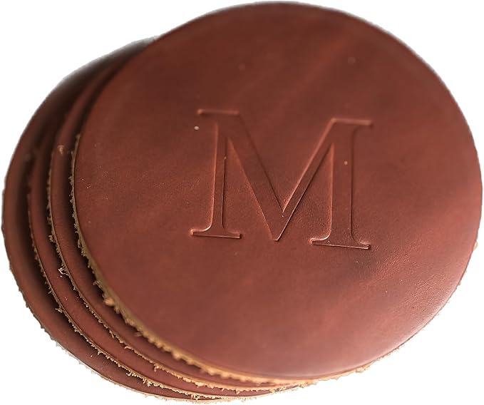 Ox & Pine Personalized Leather Coaster - Sold Individually or in Sets of 4 - Customize Inscription - 100% Full-Grain Leather – 4" Round or 4" Square (Round, Sienna, Set of 4 Coasters)