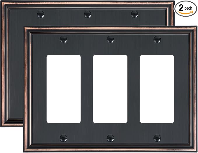 2-Pack Decorative Tripple Decorator Outlet Cover Plate, Durable Zinc Alloy Aged Bronze Wall Plates for Electrical Outlets, Receptacle, GFCI Outlet, Dimmer Switch, 3-Gang, Corrosion Resistant
