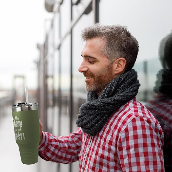 Tumbler Cups with Straw Tis The Season to Get Tipsy Christmas Xmas Coffee Tumbler with Lid Personalized Insulated Travel Mugs Engraved Stainless-Steel 20 Oz Forest Green Design Only