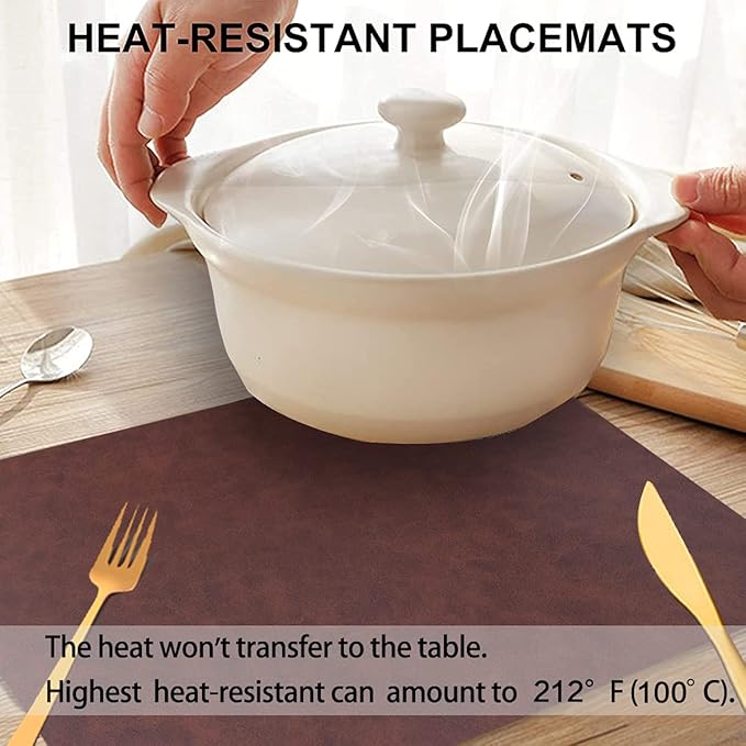 Faux Leather Placemats with Rounded Corners Set of 6,Waterproof&Wipeable Table Mats,Washable Heat-Resistant,Non-Slip for Kitchen and Kids(Brown,6)
