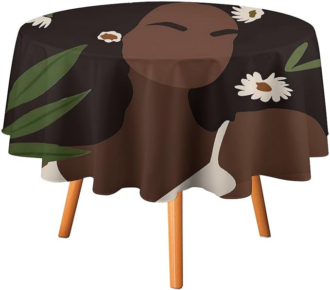 Bohemian Retro Mid Century Round Tablecloth, African Woman Girl Leaves Flower Tablecloth for Home Party Dining Room Kitchen Decor 36Inch(90cm)
