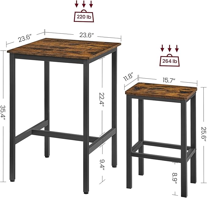 VASAGLE Bar Table and Chairs Set, Square Table with 2 Stools, Dining Pub Set for 2, Space Saving for Kitchen Breakfast, Living Room, Rustic Brown and Ink Black
