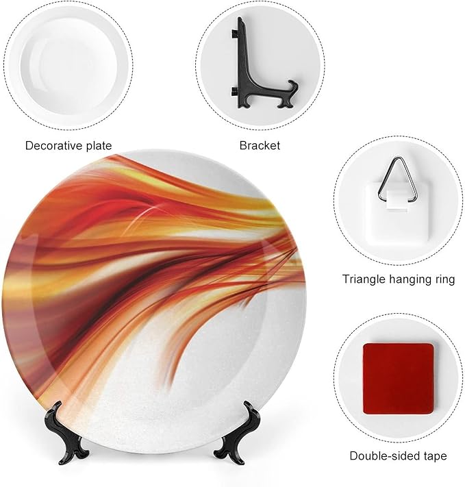 Decorative Plates, Abstract Print Ornament, Modern Smooth Lines Blurred Smock Art, 7 Inch, 1 Plate with 1 Display Stand, Orange Red