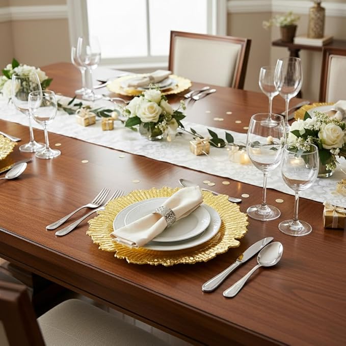 LOYALHEARTDY 24 Pack 13 Inch Gold Charger Plates, Plastic Reef Textured Rim Round Decorative Underplates for Wedding, Party, Dinner Table