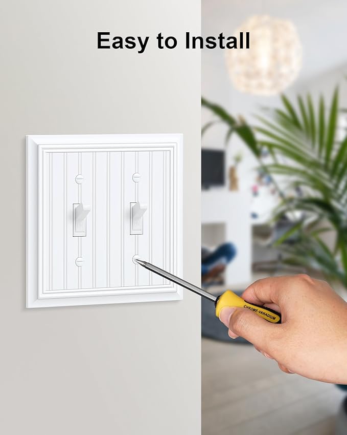 2-Pack Classic Beadboard Double Toggle Light Switch Cover Plate, Durable Natural Bamboo Fiber Decorative Switch Plate Covers, Pure White 2 Gang Wall Plate, Corrosion Resistant