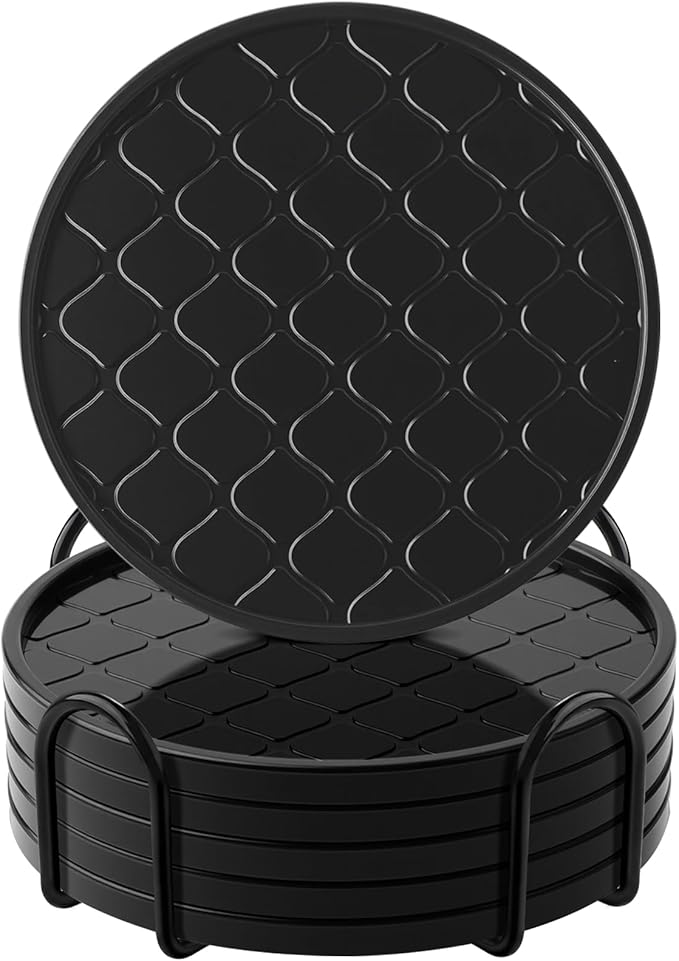 Coasters Set of 8,Hot or Cold Drink Coasters with Holder,Modern Style Coffee Table Coaster,Suitable for Kinds Cups Beer,Drink,Anti-Overflow Tabletop Protection (Black, 6pcs)