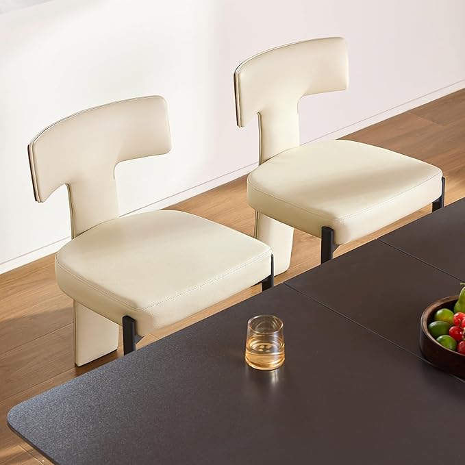 Beige Dining Chairs Set of 2,Faux Leather Dining Chairs with Soft Cushion,Comfortable Upholstered Armless Dining Room Chairs with Curved Plywood Back