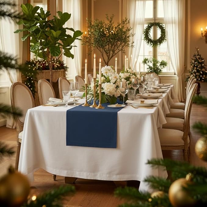 D'Moksha Homes Linen Navy Blue Table Runner 108 Inches Long - 100% Pure Linen Dining Table Runner 14 x 108 Inch for Easter - Machine Washable