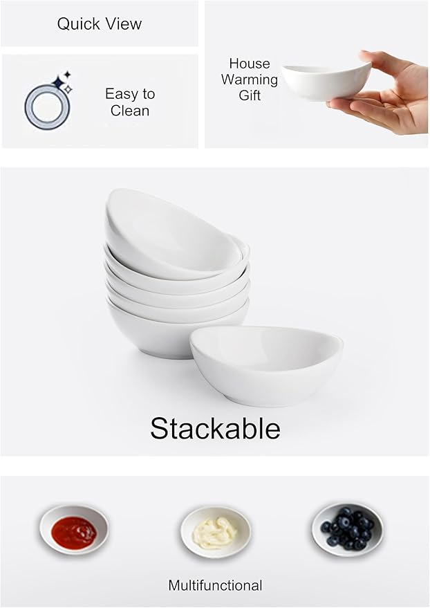 Dipping Bowls, 3 OZ Small Serving Bowls for Side Dishes,Set of 6 Mini Appetizer Plates for Condiment Sushi Ketchup, Porcelain, Tomato Sauce, Soy Sauce Dish Ceramic (4 Inch(3 Ounce))
