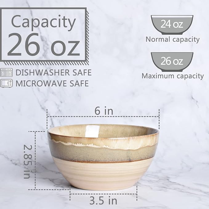 Bosmarlin Stoneware Soup Bowl Set of 4, 26 Oz, Cereal Bowl for Oatmeal, Dishwasher and Microwave Safe, Reactive Glaze (Brown Grey, 6 in)
