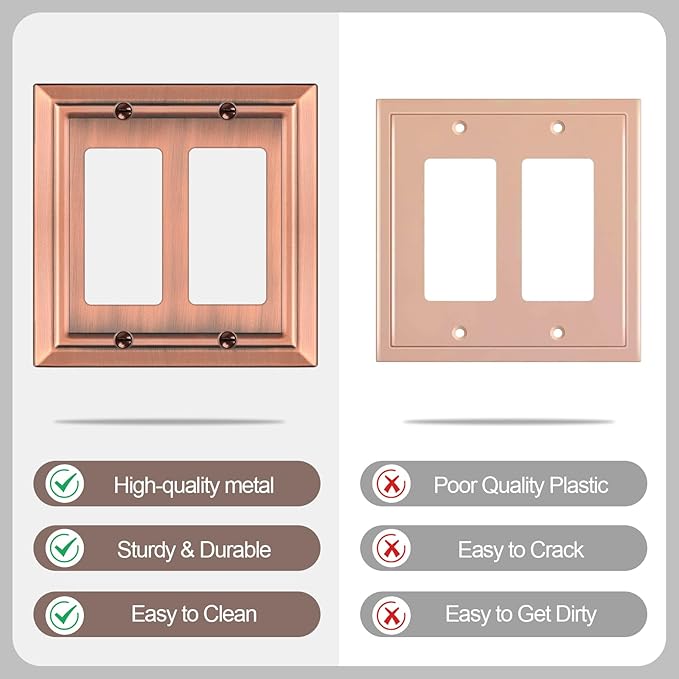 Metal Wall Plate for Electrical Outlets, Decorative Antique Copper Switch Plates Outlet Cover, Light Switch Cover Plate, 2-Gang Wall Plates (Double Decorator, 2 Pack)