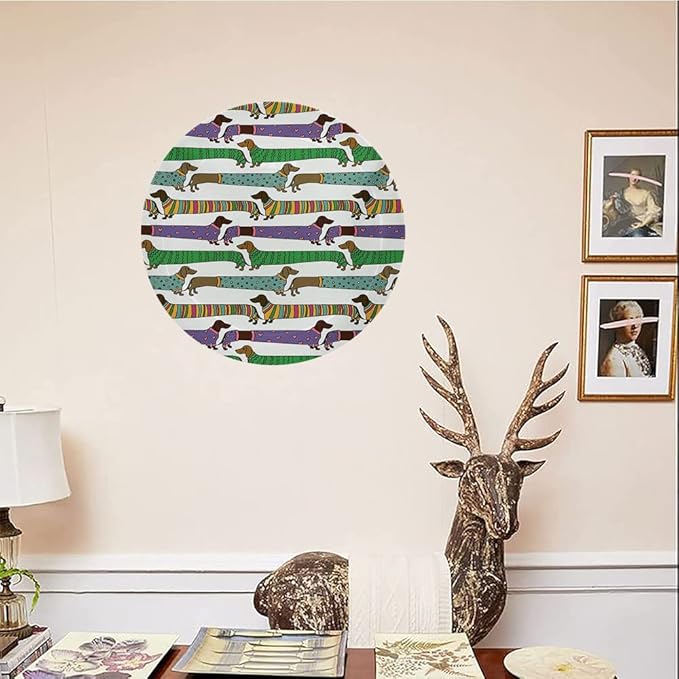 Decorative Plates, Dog Lover Print Ornament, Cartoon Style Dachshunds Dressed in Pyjamas Chevron, 7 Inch, 1 Plate with 1 Display Stand, Multicolor