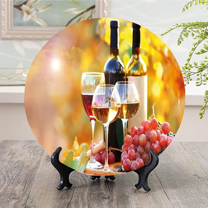 Decorative Plates, Wine Print Ornament, Tasty Wine on Wooden Barrel on Grape Plantation, 6 Inch, 1 Plate with 1 Display Stand, Orange Red Black