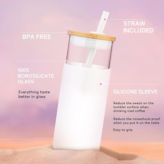 Tronco 20 oz Glass Tumbler with Lid and Straw, Iced Coffee Cup and Smoothie Cup with Bamboo Lids & Protective Silicone Sleeve, Dishwasher Safe, BPA-Free, Pink 1 Pack