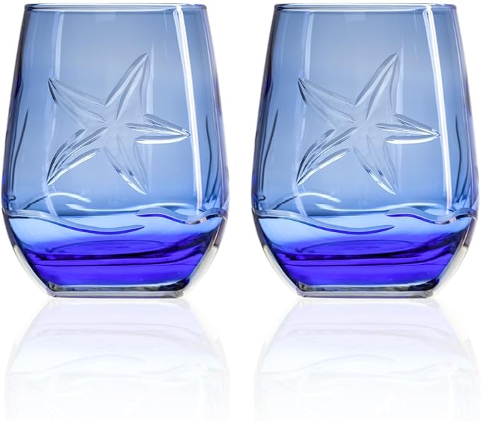 Rolf Glass Starfish Blue Stemless Wine Glass | Set of 2 Stemless Glasses | 15 Ounce Blue Glass Tumblers | Engraved Lead-Free Wine Tumblers | Made in the USA