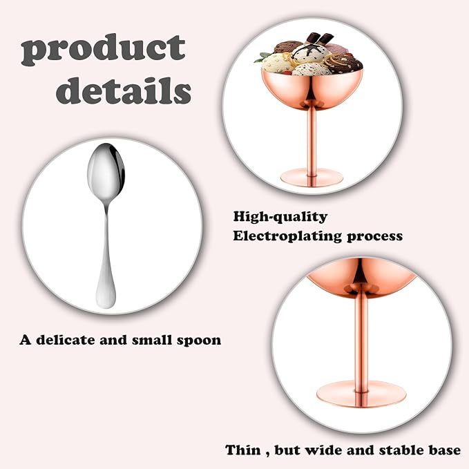 Ice Cream Bowls Stainless Steel Dessert Cups with Spoons Reusable Footed Sundae Cups Ice Cream Cups for Dessert, Frozen Yogurt, Gelato, Birthday Party Decorations (1, Rose glod)