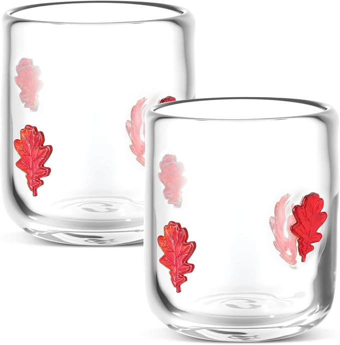 Icon Juice Glasses, 14oz Stemless Wine Drinking Juice Glass Cup for Valentine Party Supplies Gift(2 Pcs,Maple Leaf)