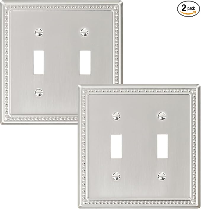 2-Pack Double Toggle Light Switch Cover Plate, Pearls Decorative Dual Switch Plate Covers, Brushed Nickel 2 Gang Metal Wall Plate, Corrosion Resistant