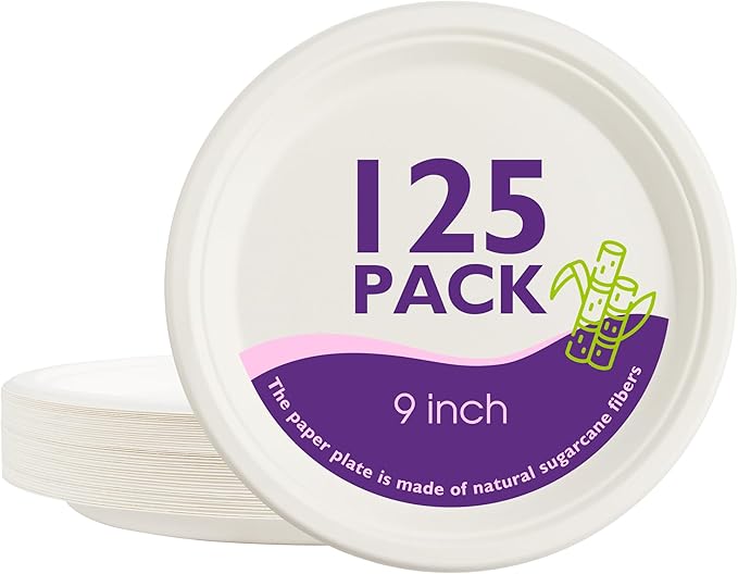Compostable Paper Plates 9 Inch 125 Pack, Biodegradable Disposable Plates Heavy Duty White Plates, Made of Natural Sugarcane Bagasse, Unbleached Round Dinner Plates