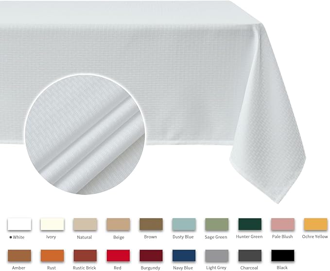 maxmill Rectangle Tablecloth Weaved Pattern Waterproof Spillproof Wrinkle Free Table Cloth, Kitchen Dining Tabletop Decoration, Fabric Table Cover for Holiday Parties, 52 x 108 Inch, White
