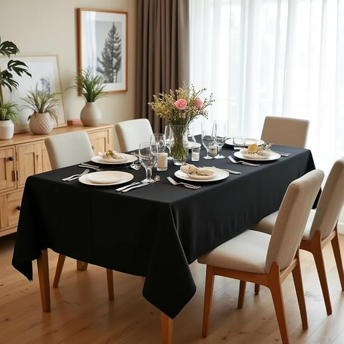 sancua Rectangle Tablecloth - 60 x 84 Inch - Stain and Wrinkle Resistant Washable Polyester Table Cloth, Decorative Fabric Table Cover for Dining Tables, Buffet Parties and Camping, Black