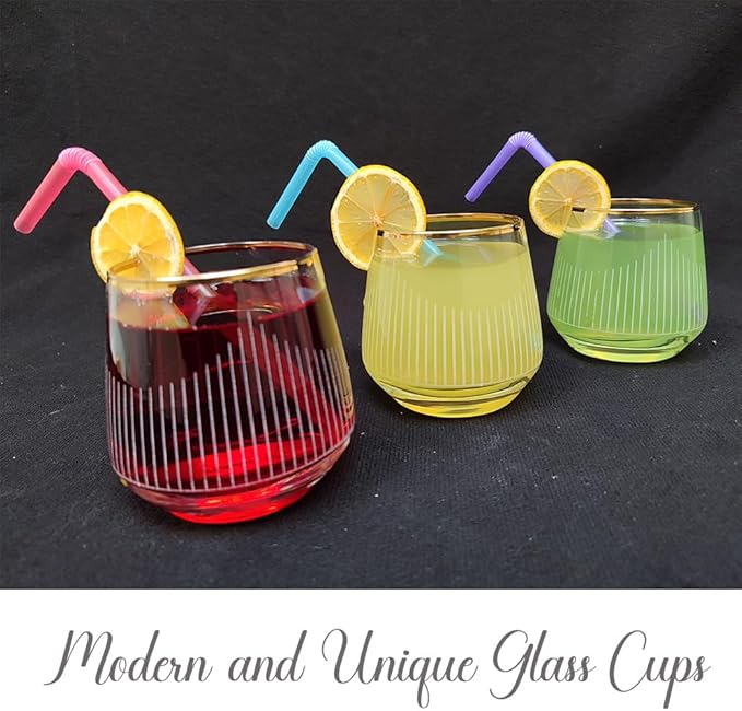Gold Rim Cocktail Wine Whiskey Drinking Glasses Set of 6 Glassware Rimmed Trim Crystal Cups Juice Water Drinkware Drinks Bar Fancy Party Wedding Vertical Striped
