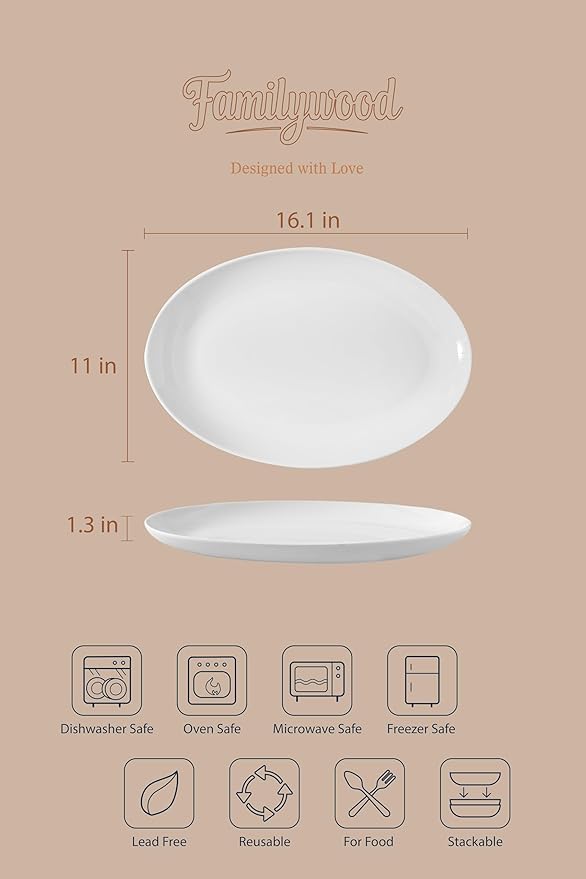 Set of 4, 16 inch Porcelain serving trays for party, Large serving platters for serving food party, Thanksgiving serving dishes for entertaining, Turkey, Steak