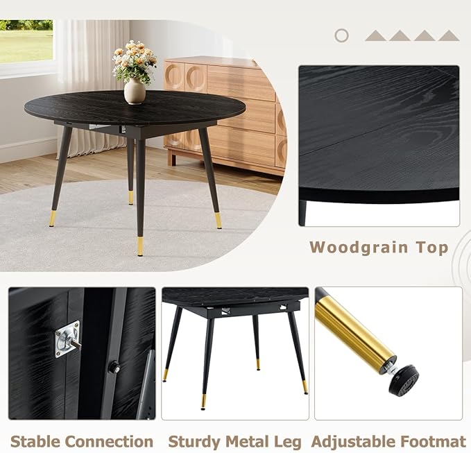 53” Round Dining Table Set for 4｜5 Piece Wood Dining Table Set｜Extendable Dining Room Table with 4 Chairs｜Black Wooden Tabletop with Metal Legs｜Easy Assembly｜Space Saving｜for Kitchen, Living Room